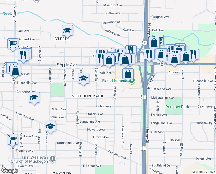 map of restaurants, bars, coffee shops, grocery stores, and more near 1332 Catherine Avenue in Muskegon