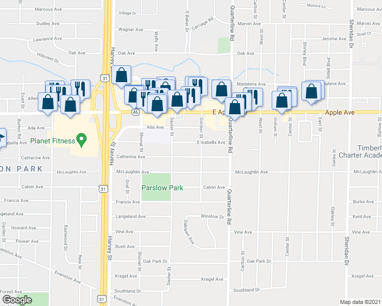 map of restaurants, bars, coffee shops, grocery stores, and more near 1870 Catherine Avenue in Muskegon