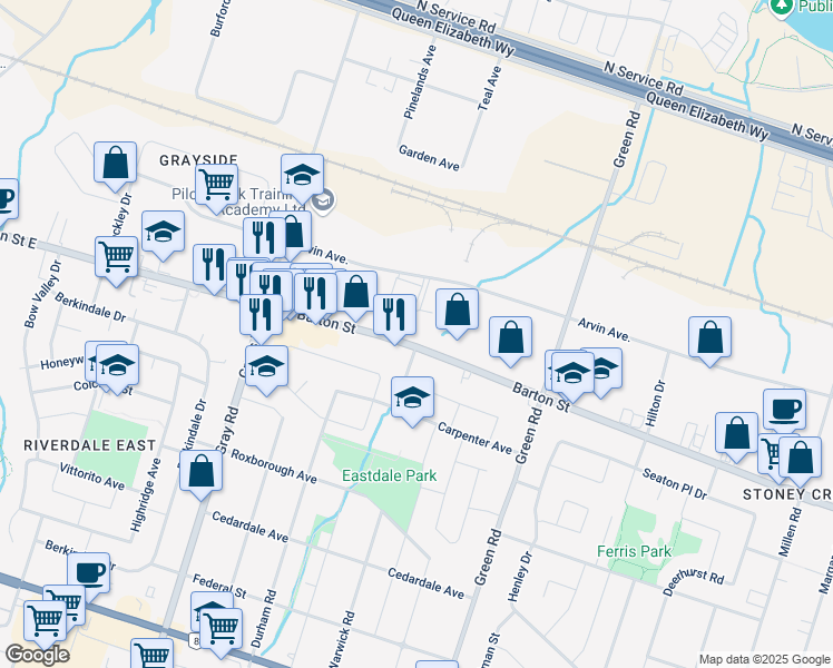 map of restaurants, bars, coffee shops, grocery stores, and more near 233 Barton Street in Hamilton