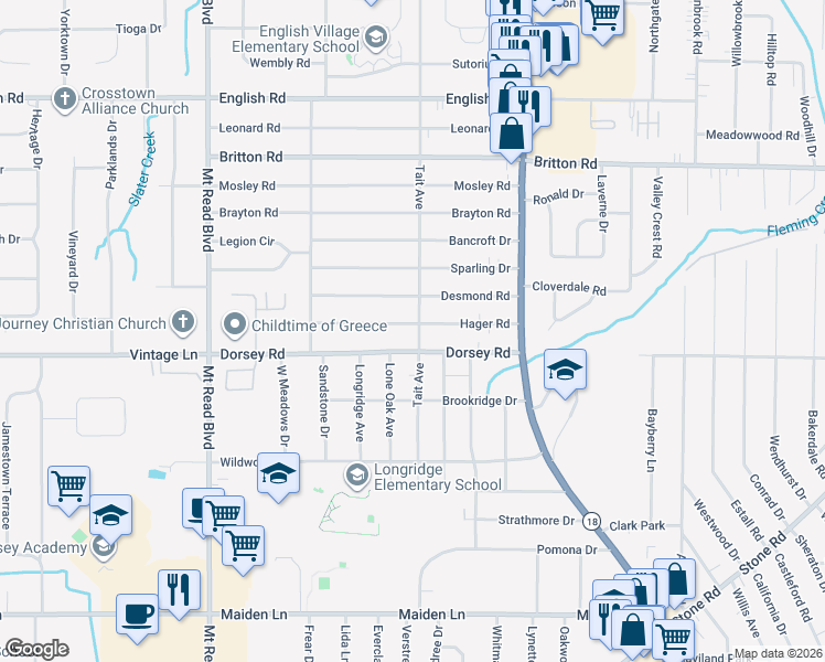 map of restaurants, bars, coffee shops, grocery stores, and more near 126 Dorsey Road in Rochester
