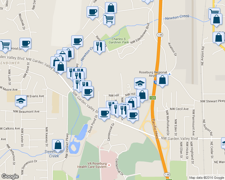 map of restaurants, bars, coffee shops, grocery stores, and more near 1835 Northwest Patricia Street in Roseburg