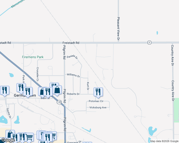 map of restaurants, bars, coffee shops, grocery stores, and more near W153N11788 Kurt Drive in Germantown