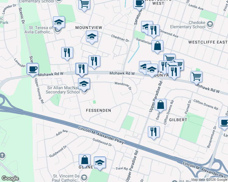 map of restaurants, bars, coffee shops, grocery stores, and more near 35 Lynwood Road in Hamilton