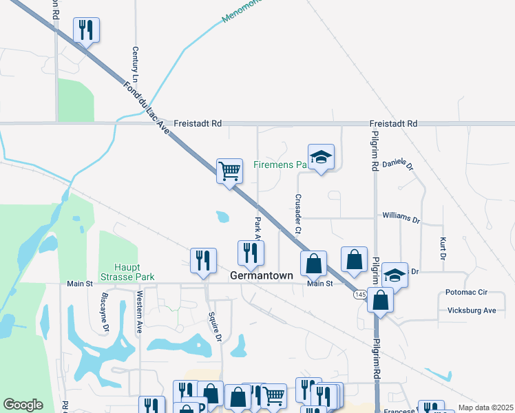 map of restaurants, bars, coffee shops, grocery stores, and more near Park Avenue in Germantown