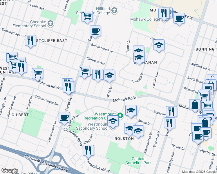 map of restaurants, bars, coffee shops, grocery stores, and more near 230 West 15 Street in Hamilton