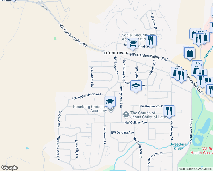 map of restaurants, bars, coffee shops, grocery stores, and more near 2035 Northwest Delridge Avenue in Roseburg