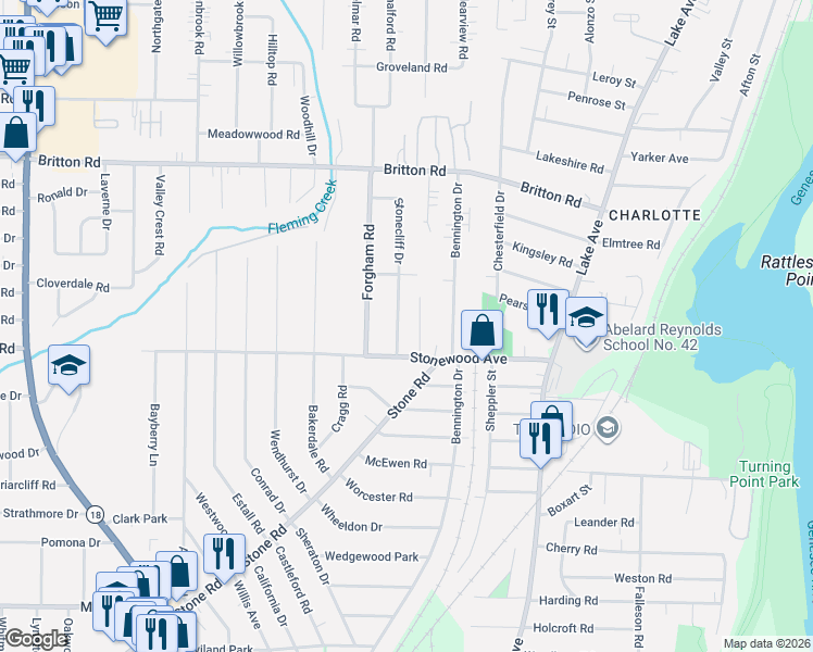 map of restaurants, bars, coffee shops, grocery stores, and more near 28 Stonecliff Drive in Rochester