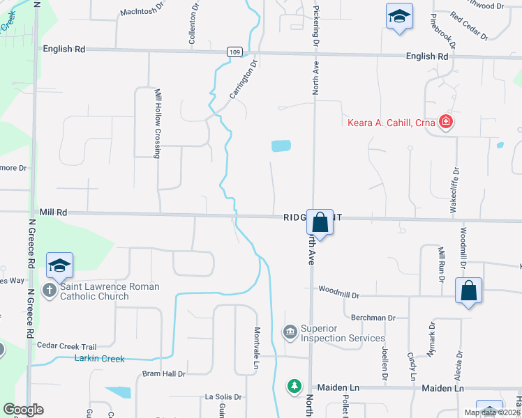 map of restaurants, bars, coffee shops, grocery stores, and more near 236 Mill Road in Rochester