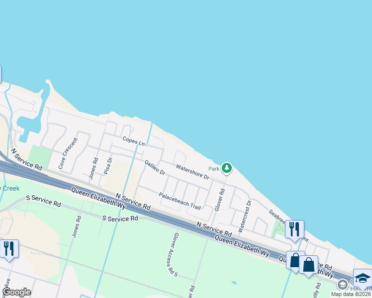 map of restaurants, bars, coffee shops, grocery stores, and more near 100 Watershore Drive in Hamilton
