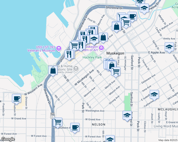 map of restaurants, bars, coffee shops, grocery stores, and more near 382 West Muskegon Avenue in Muskegon
