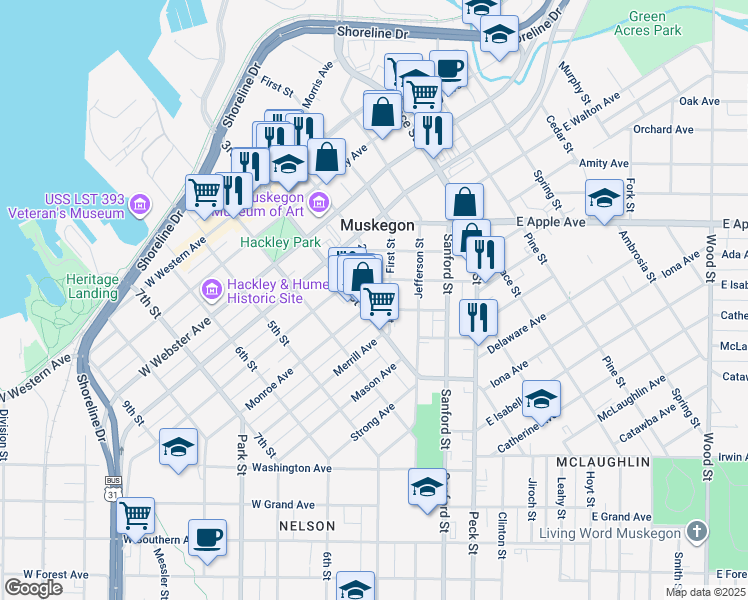 map of restaurants, bars, coffee shops, grocery stores, and more near 1144 3rd Street in Muskegon
