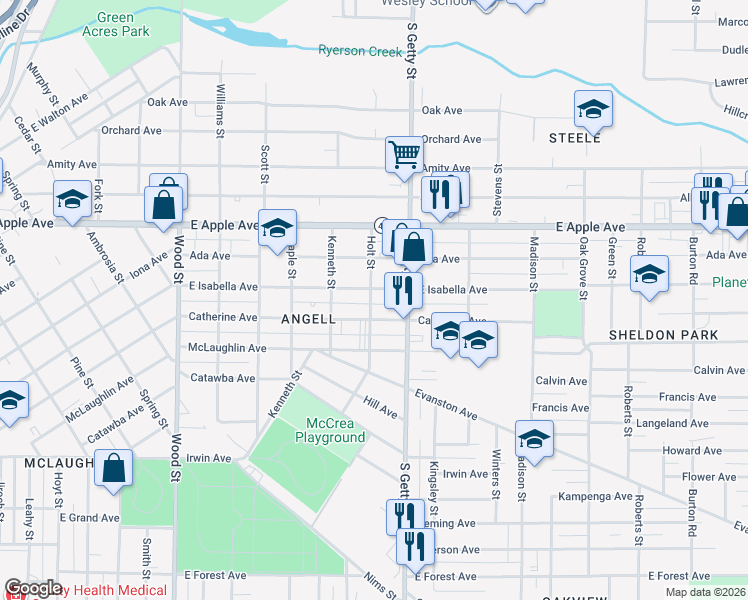 map of restaurants, bars, coffee shops, grocery stores, and more near 726 Catherine Avenue in Muskegon