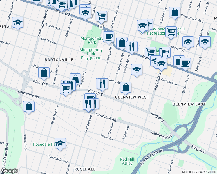 map of restaurants, bars, coffee shops, grocery stores, and more near 256 Rosewood Road in Hamilton