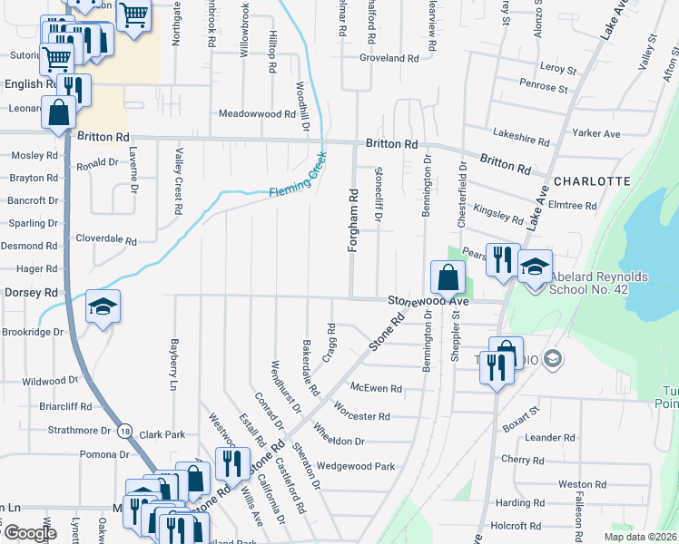 map of restaurants, bars, coffee shops, grocery stores, and more near 24 Forgham Road in Rochester