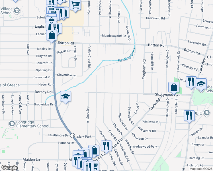 map of restaurants, bars, coffee shops, grocery stores, and more near 280 Conrad Drive in Rochester