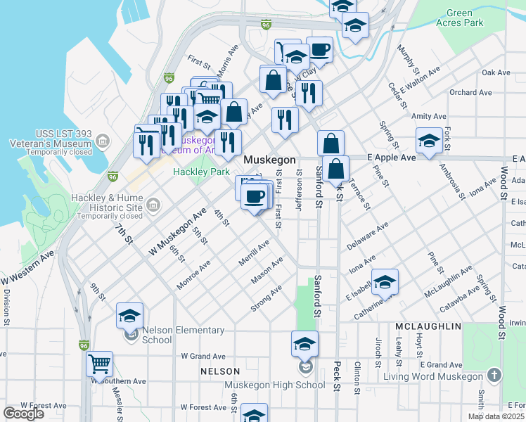 map of restaurants, bars, coffee shops, grocery stores, and more near 1144 3rd Street in Muskegon