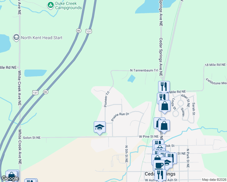 map of restaurants, bars, coffee shops, grocery stores, and more near 440 Pioneer Drive in Cedar Springs