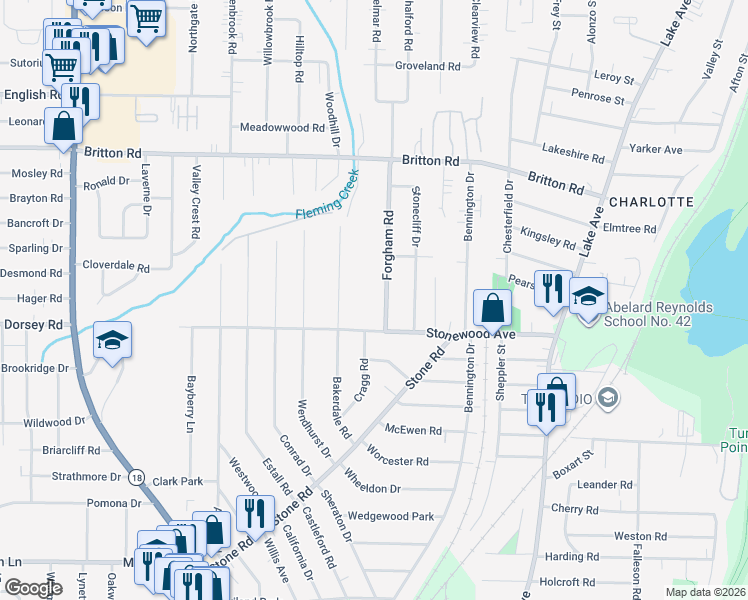 map of restaurants, bars, coffee shops, grocery stores, and more near 24 Forgham Road in Rochester