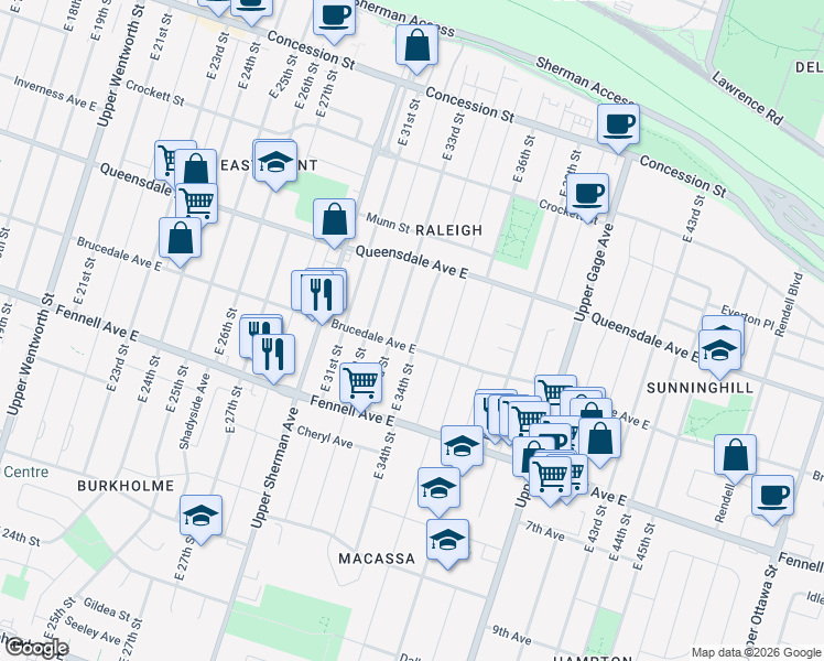 map of restaurants, bars, coffee shops, grocery stores, and more near 177 East 34th Street in Hamilton