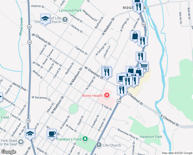 map of restaurants, bars, coffee shops, grocery stores, and more near 104 West Chestnut Street in Rome