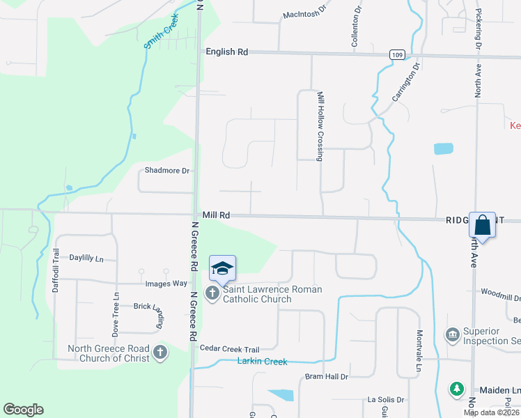 map of restaurants, bars, coffee shops, grocery stores, and more near 355 Mill Road in Rochester