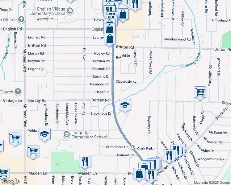 map of restaurants, bars, coffee shops, grocery stores, and more near 3418 Dewey Avenue in Rochester