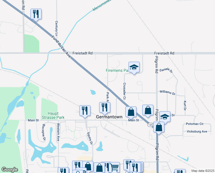 map of restaurants, bars, coffee shops, grocery stores, and more near Park Avenue in Germantown