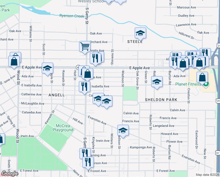 map of restaurants, bars, coffee shops, grocery stores, and more near 910 Catherine Avenue in Muskegon