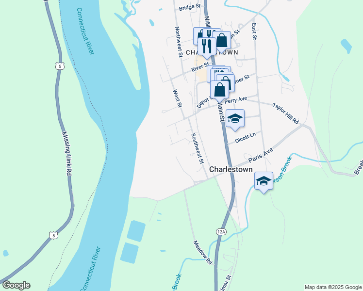 map of restaurants, bars, coffee shops, grocery stores, and more near 46 Southwest Street in Charlestown