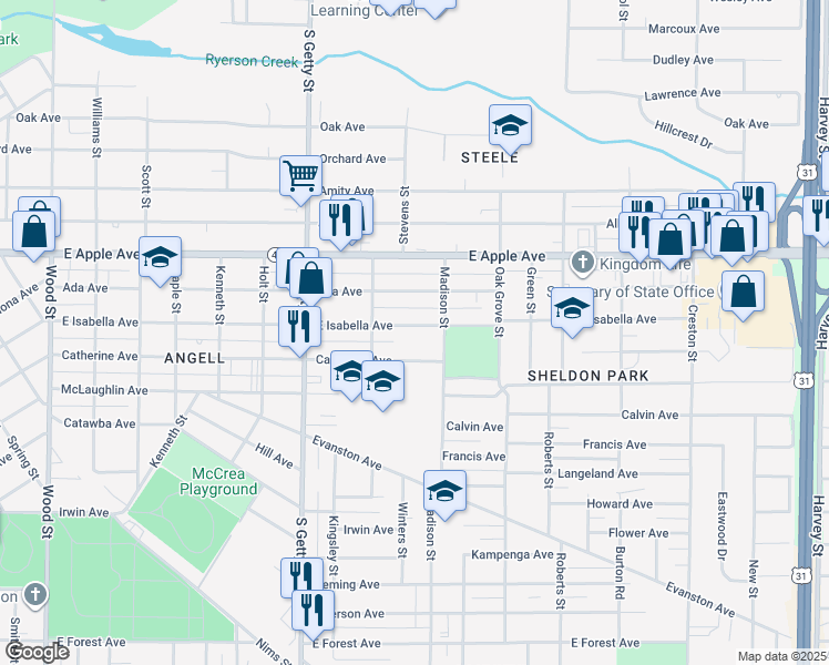 map of restaurants, bars, coffee shops, grocery stores, and more near 973 East Isabella Avenue in Muskegon