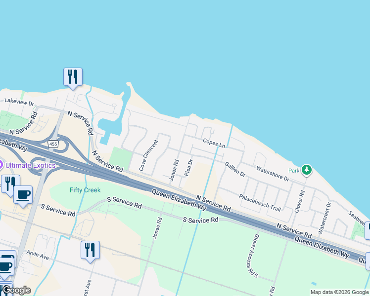 map of restaurants, bars, coffee shops, grocery stores, and more near 65 Pisa Drive in Hamilton