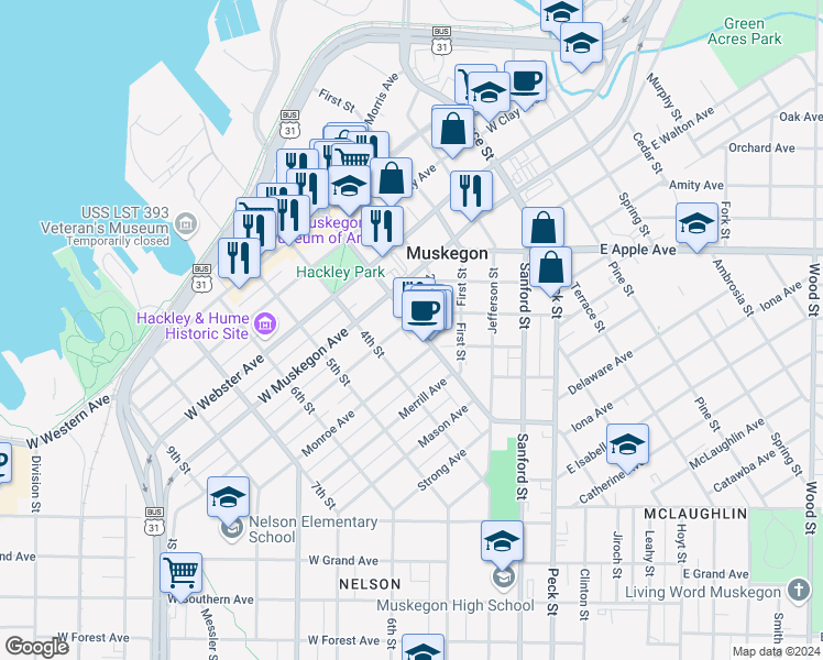 map of restaurants, bars, coffee shops, grocery stores, and more near 1115 3rd Street in Muskegon