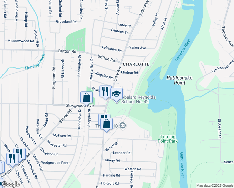 map of restaurants, bars, coffee shops, grocery stores, and more near 3330 Lake Avenue in Rochester