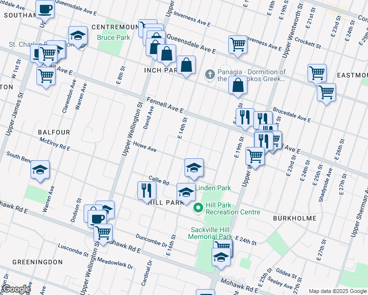 map of restaurants, bars, coffee shops, grocery stores, and more near in Hamilton