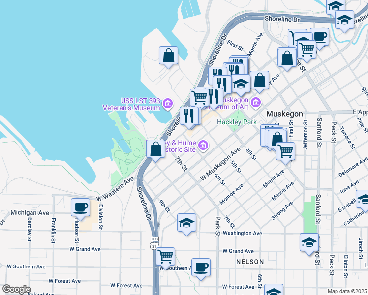 map of restaurants, bars, coffee shops, grocery stores, and more near 579 West Clay Avenue in Muskegon