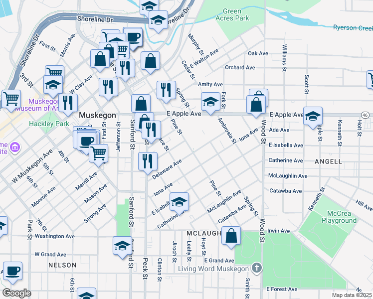 map of restaurants, bars, coffee shops, grocery stores, and more near 1115 Pine Street in Muskegon
