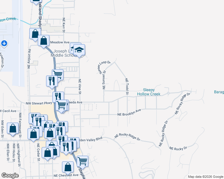 map of restaurants, bars, coffee shops, grocery stores, and more near 1063 Northeast Barager Avenue in Roseburg