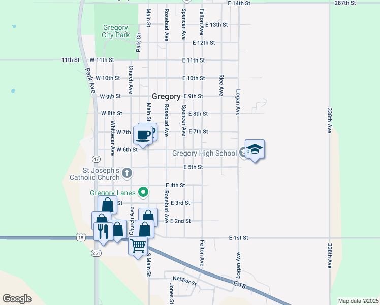 map of restaurants, bars, coffee shops, grocery stores, and more near 501-599 Spencer Avenue in Gregory