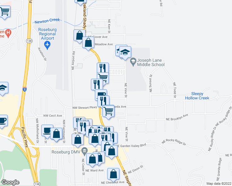 map of restaurants, bars, coffee shops, grocery stores, and more near 625 Northeast Madison Avenue in Roseburg