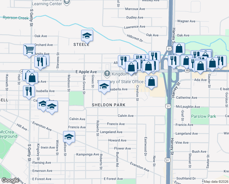 map of restaurants, bars, coffee shops, grocery stores, and more near 1270 Catherine Avenue in Muskegon
