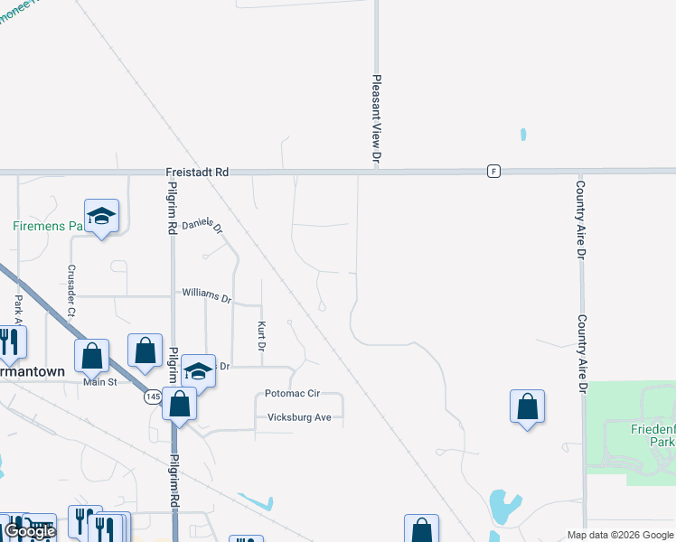 map of restaurants, bars, coffee shops, grocery stores, and more near 11716 Valley Court in Germantown