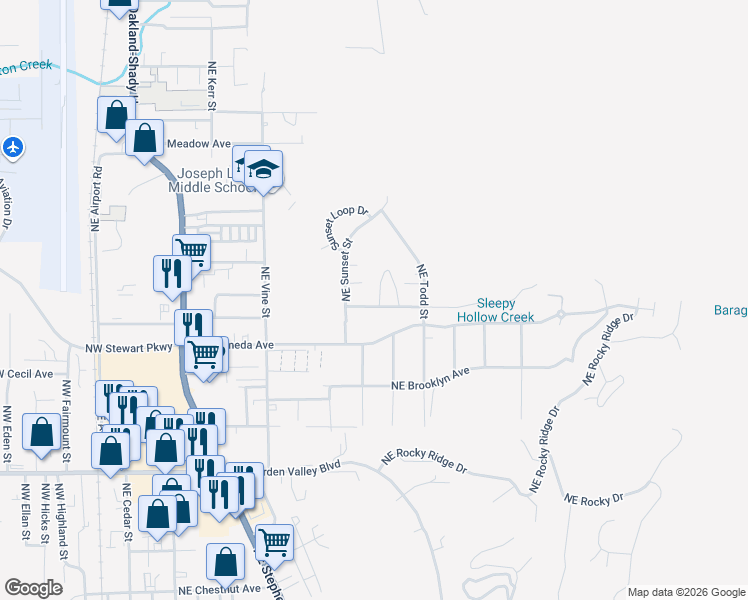 map of restaurants, bars, coffee shops, grocery stores, and more near 1063 Northeast Barager Avenue in Roseburg