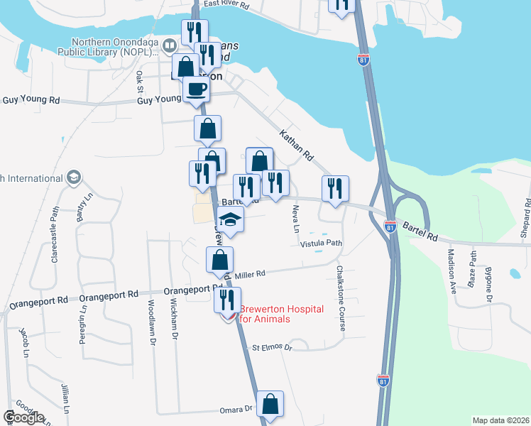 map of restaurants, bars, coffee shops, grocery stores, and more near 5500 Bartel Rd in Brewerton