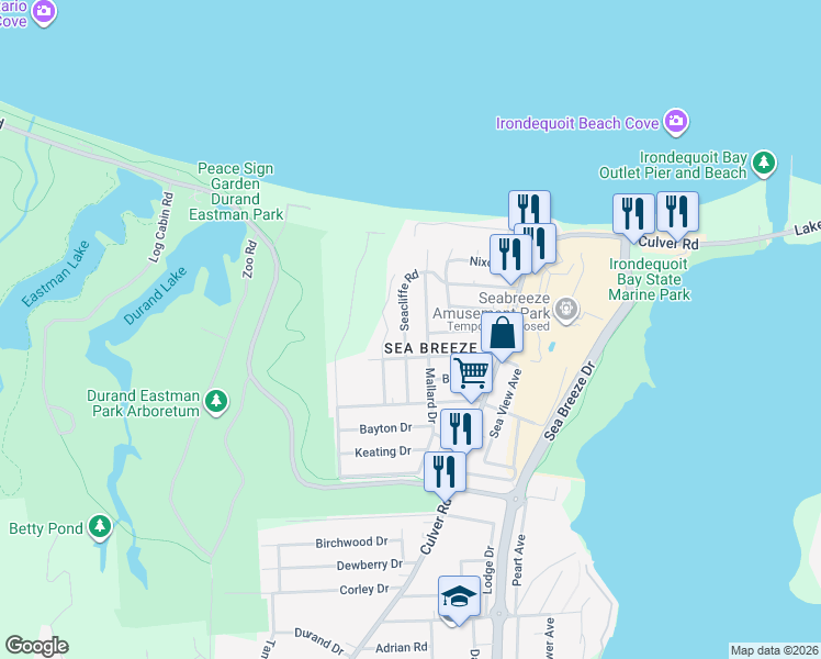 map of restaurants, bars, coffee shops, grocery stores, and more near 124 Pinehill Drive in Rochester
