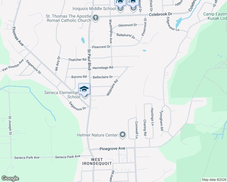 map of restaurants, bars, coffee shops, grocery stores, and more near 89 Wildmere Road in Rochester
