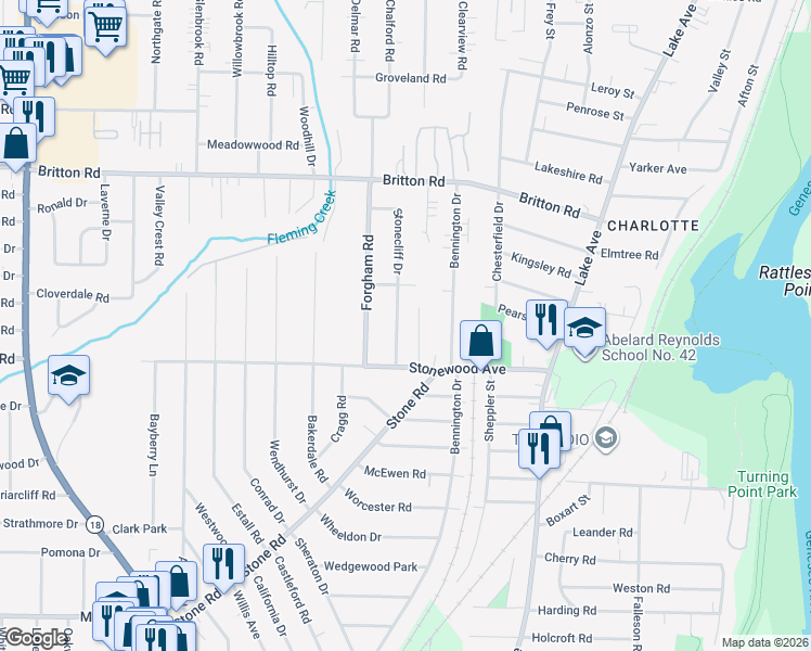 map of restaurants, bars, coffee shops, grocery stores, and more near 28 Stonecliff Drive in Rochester