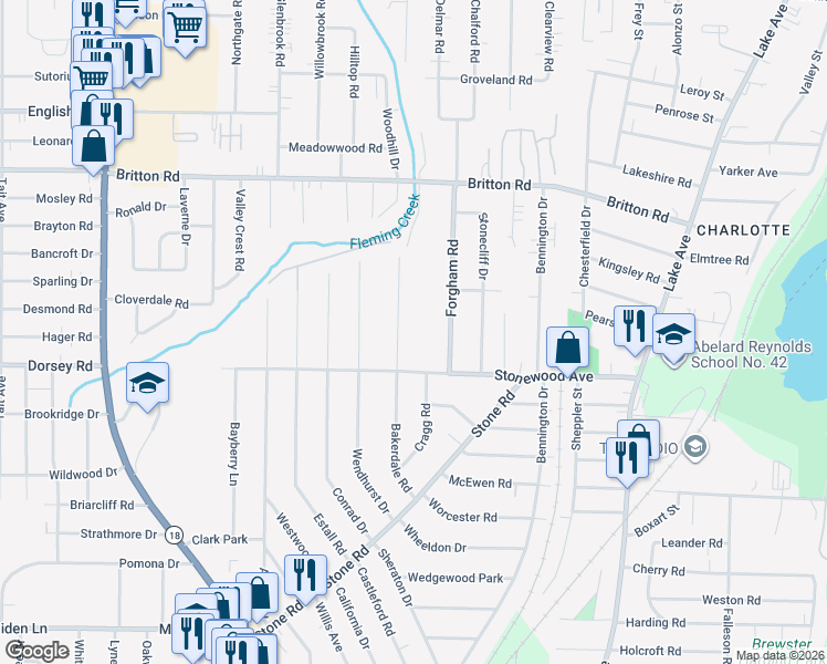 map of restaurants, bars, coffee shops, grocery stores, and more near 209 Bakerdale Road in Rochester