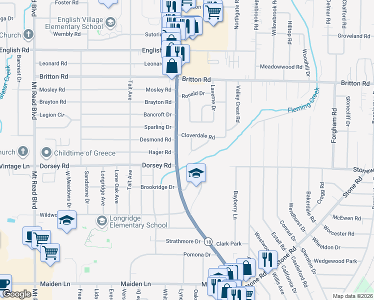 map of restaurants, bars, coffee shops, grocery stores, and more near 56 Lambert Drive in Rochester
