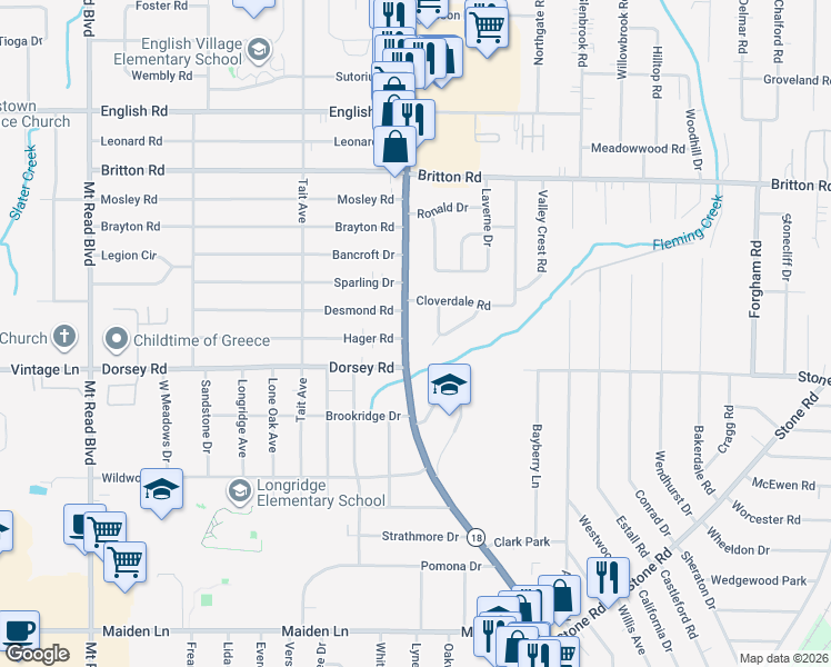 map of restaurants, bars, coffee shops, grocery stores, and more near 56 Lambert Drive in Rochester