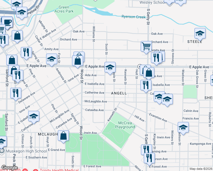 map of restaurants, bars, coffee shops, grocery stores, and more near 1148 Chestnut Street in Muskegon